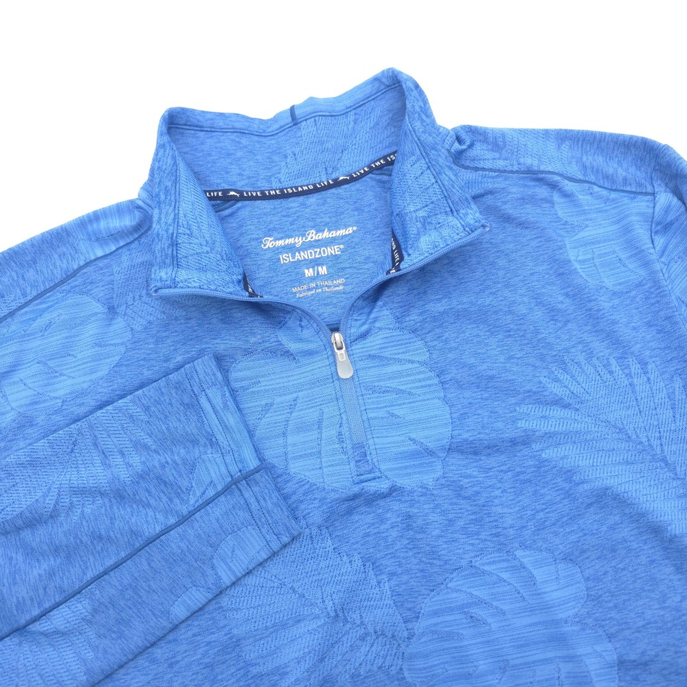 Tommy Bahama IslandZone Men M Blue Tropical Leaf Performance 1/4 Zip Pullover